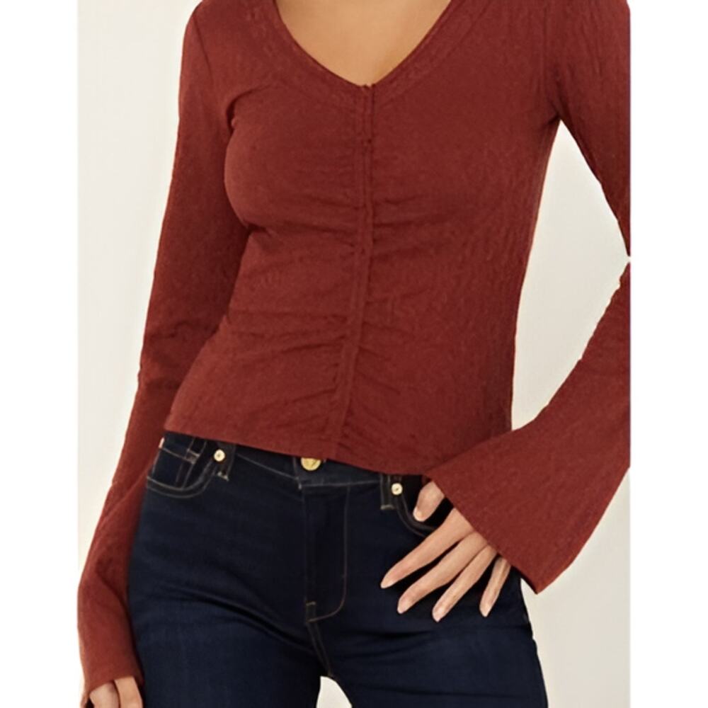 Shyanne Jacquard Ruched V-Neck Flared Long Sleeve Top Brick Red Size XL